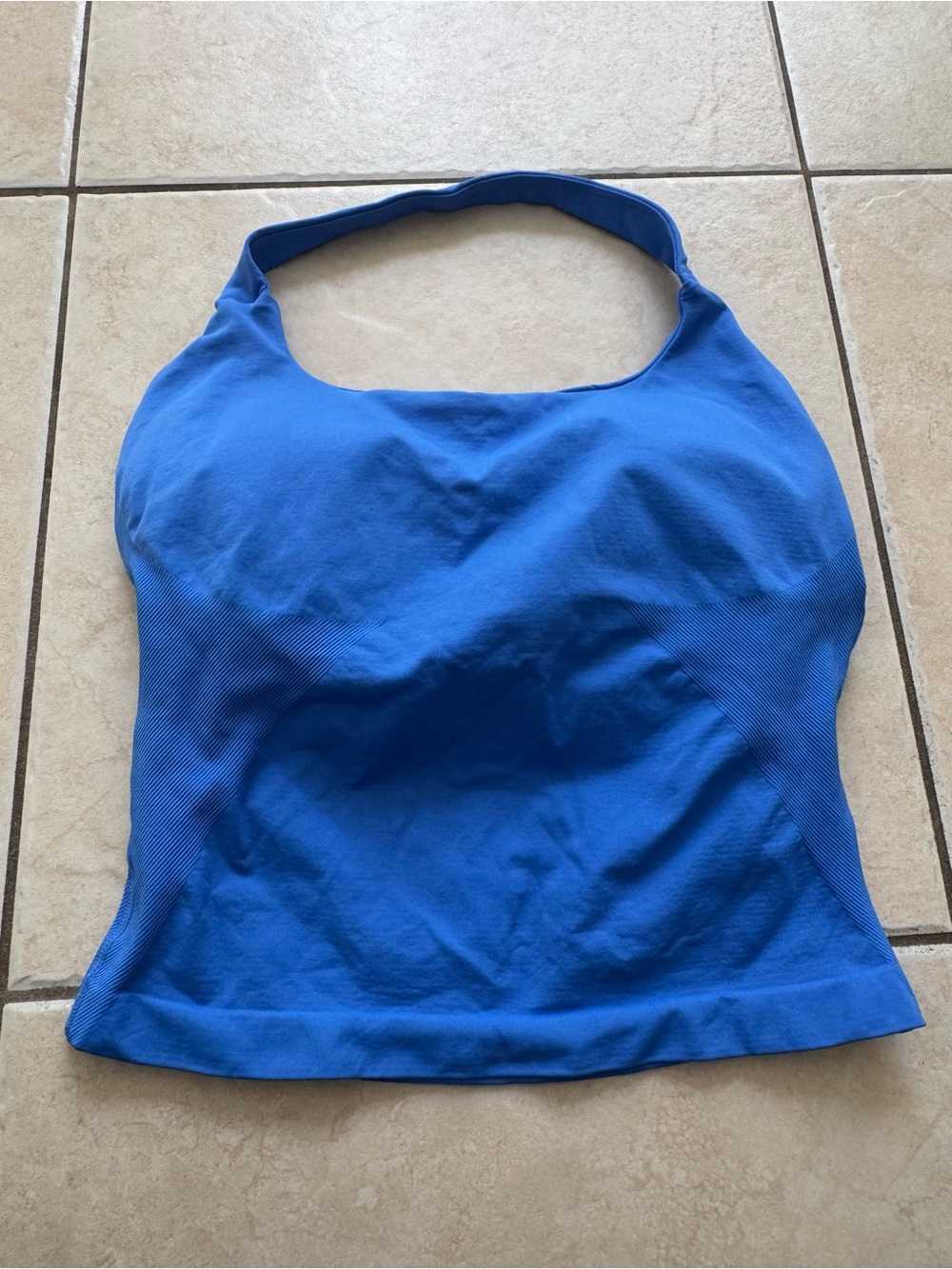 Electric blue halter backless gym top with built in bra